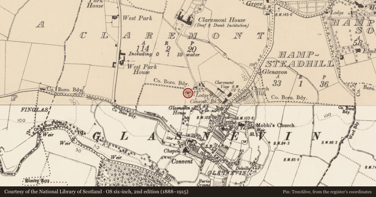 Ordnance Survey six-inch map, 2nd edition (1888–1915) covering the location of Enclosure, County Dublin, with a pin at the register's coordinates