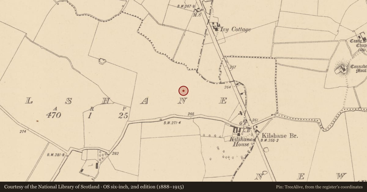 Ordnance Survey six-inch map, 2nd edition (1888–1915) covering the location of Enclosure, Kilshane, County Dublin, with a pin at the register's coordinates