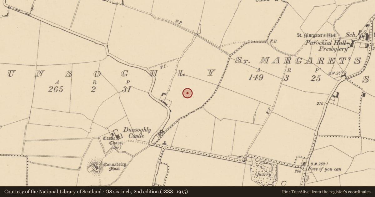 Ordnance Survey six-inch map, 2nd edition (1888–1915) covering the location of Standing stone, Dunsoghly, County Dublin, with a pin at the register's coordinates