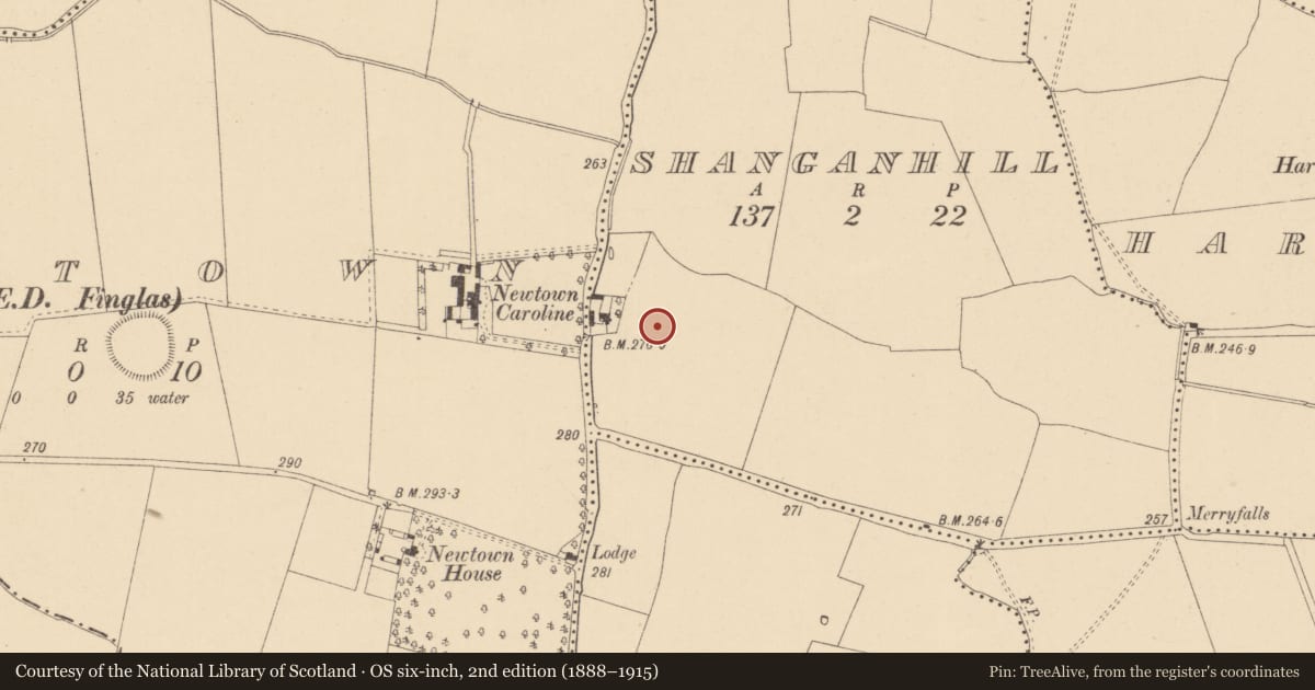 Ordnance Survey six-inch map, 2nd edition (1888–1915) covering the location of Ring-ditch, Shanganhill, County Dublin, with a pin at the register's coordinates