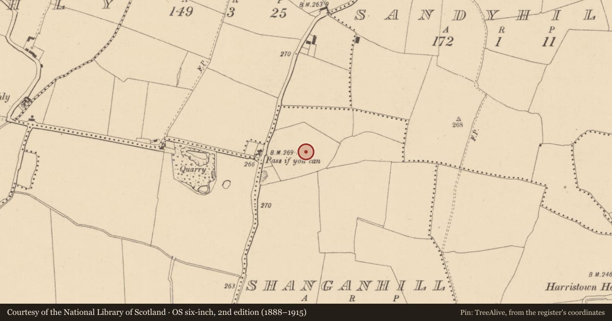 Ordnance Survey six-inch map, 2nd edition (1888–1915) covering the location of Ringfort - unclassified, Shanganhill, County Dublin, with a pin at the register's coordinates