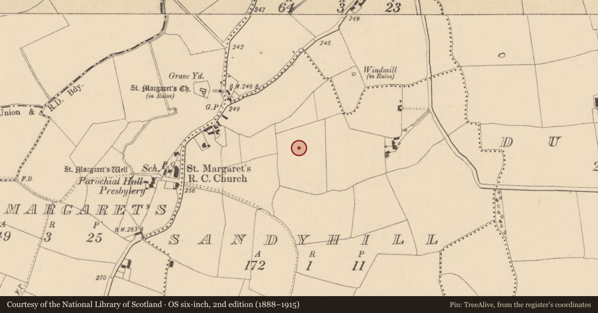 Ordnance Survey six-inch map, 2nd edition (1888–1915) covering the location of Enclosure, Sandyhill, County Dublin, with a pin at the register's coordinates