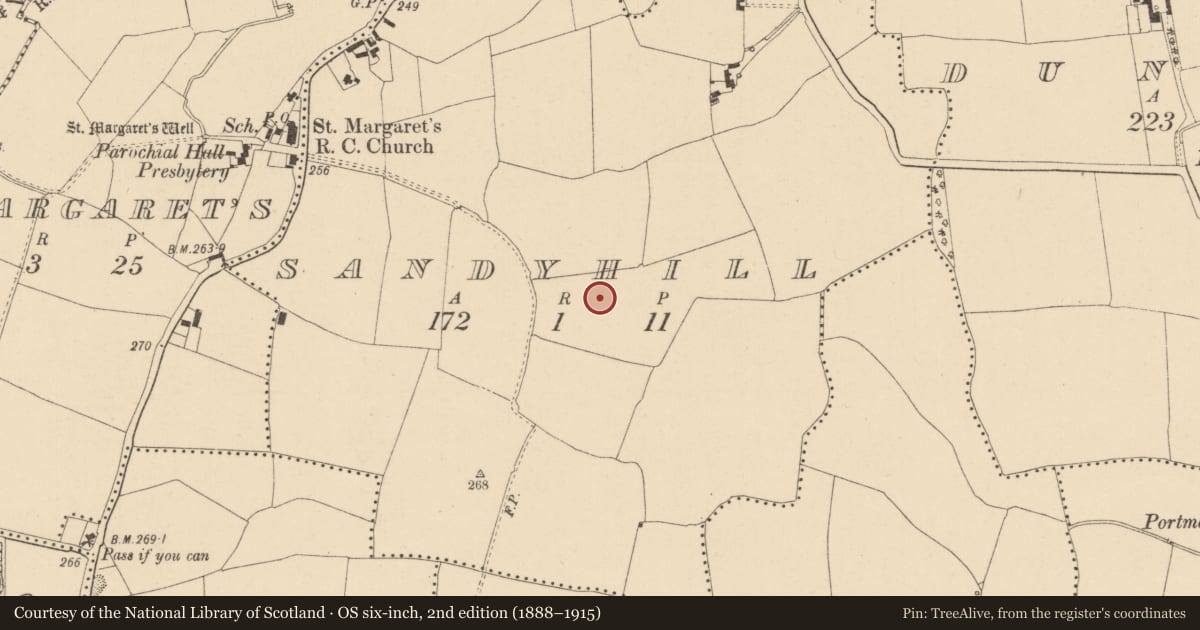 Ordnance Survey six-inch map, 2nd edition (1888–1915) covering the location of Enclosure, Sandyhill, County Dublin, with a pin at the register's coordinates