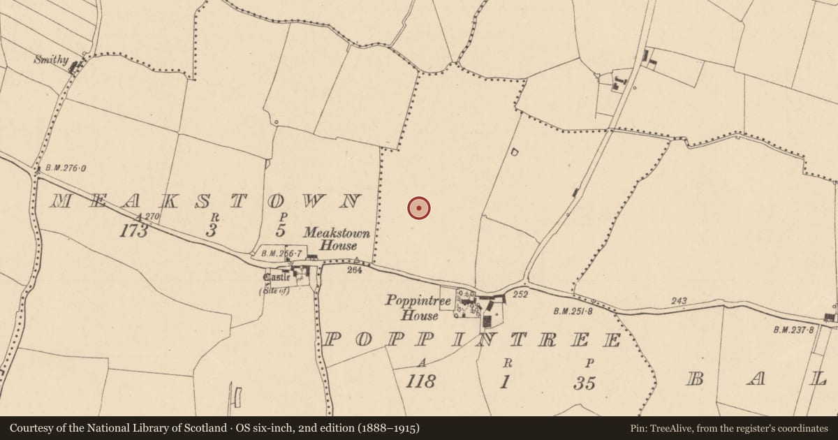 Ordnance Survey six-inch map, 2nd edition (1888–1915) covering the location of Habitation site, Poppintree, County Dublin, with a pin at the register's coordinates