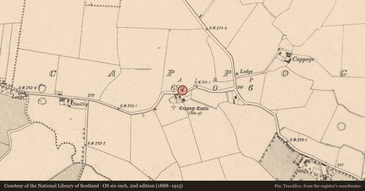 Ordnance Survey six-inch map, 2nd edition (1888–1915) covering the location of Habitation site, Cappoge, County Dublin, with a pin at the register's coordinates