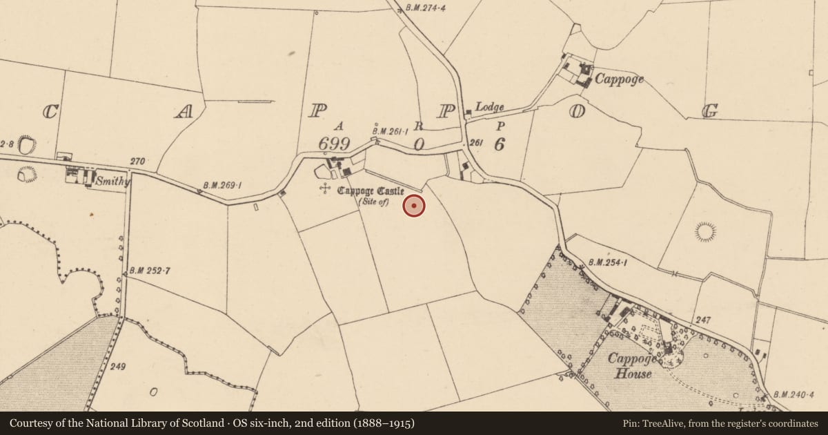 Ordnance Survey six-inch map, 2nd edition (1888–1915) covering the location of Enclosure, Cappoge, County Dublin, with a pin at the register's coordinates