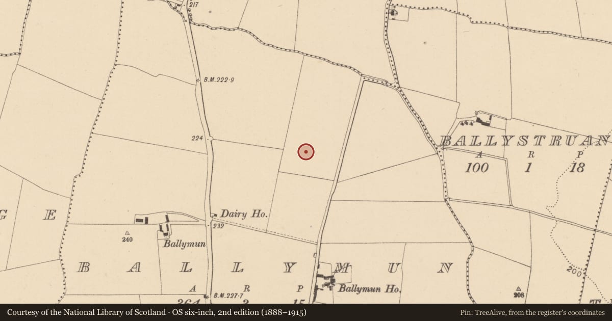 Ordnance Survey six-inch map, 2nd edition (1888–1915) covering the location of Burnt mound, Ballymun, County Dublin, with a pin at the register's coordinates