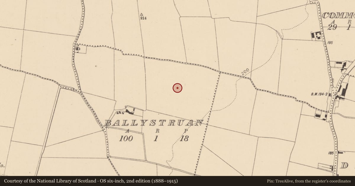 Ordnance Survey six-inch map, 2nd edition (1888–1915) covering the location of Enclosure, Ballystruan, County Dublin, with a pin at the register's coordinates