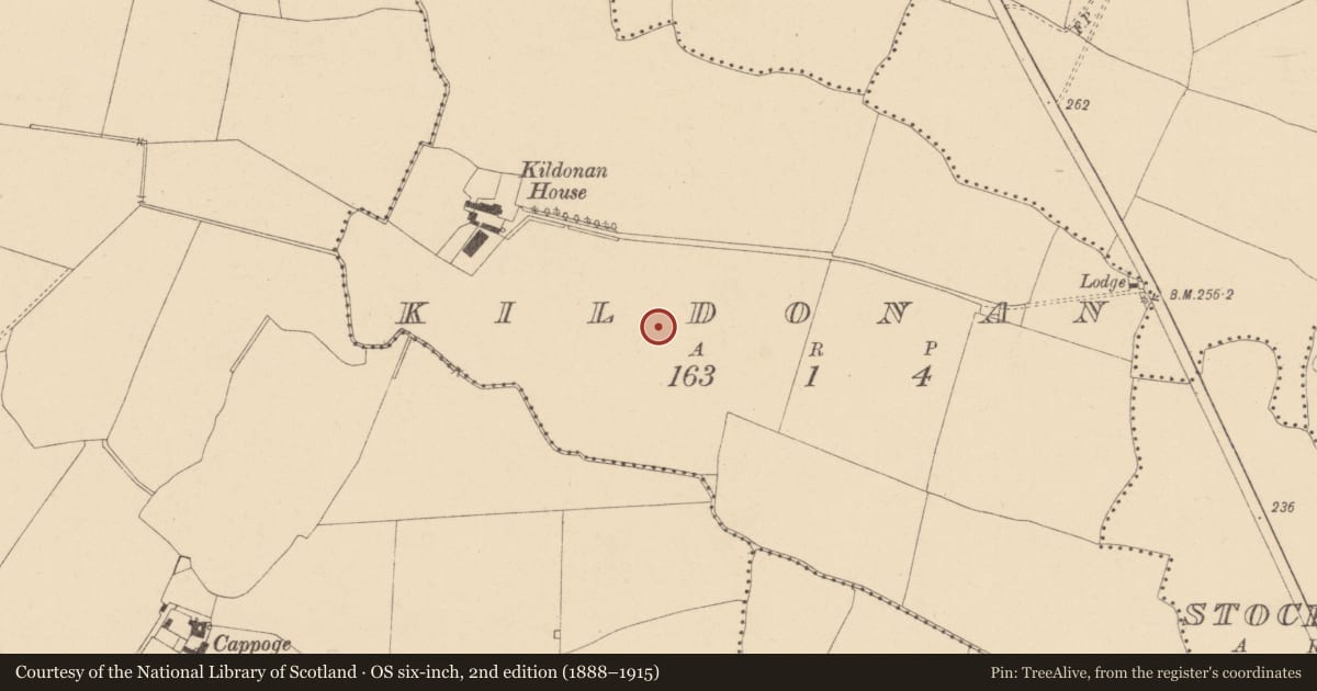 Ordnance Survey six-inch map, 2nd edition (1888–1915) covering the location of Kiln - corn-drying, Kildonan, County Dublin, with a pin at the register's coordinates