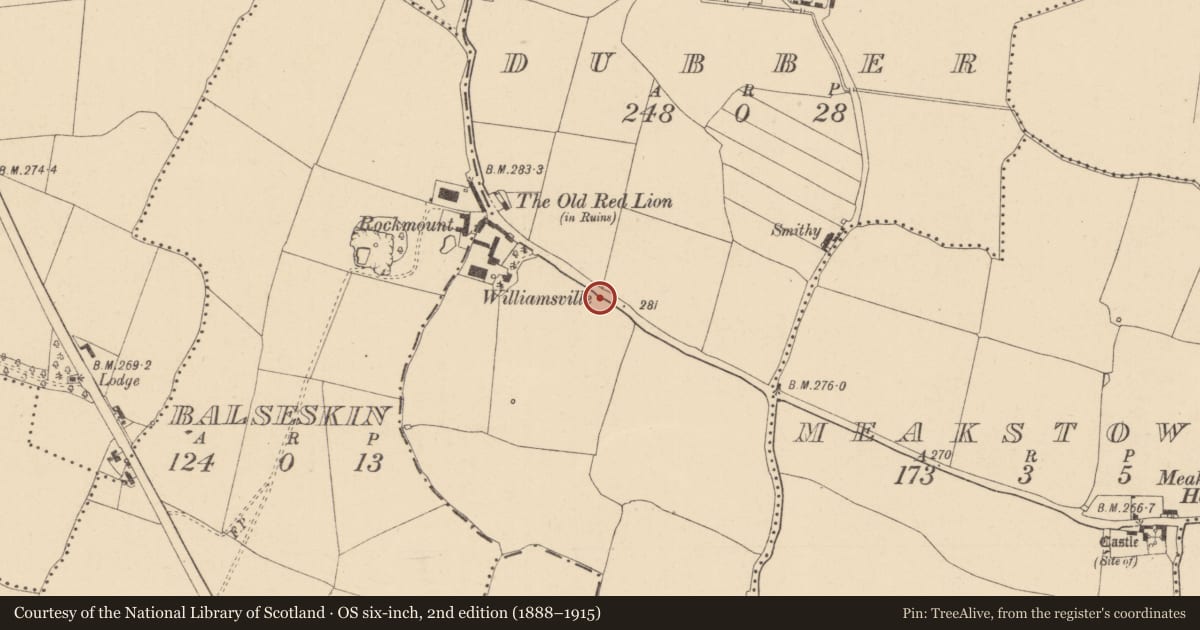 Ordnance Survey six-inch map, 2nd edition (1888–1915) covering the location of Ring-ditch, Dubber, County Dublin, with a pin at the register's coordinates