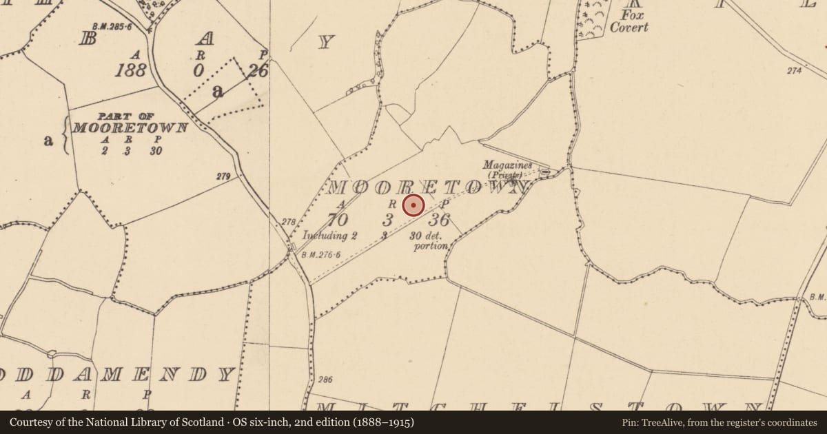Ordnance Survey six-inch map, 2nd edition (1888–1915) covering the location of Enclosure, Mooretown, County Dublin, with a pin at the register's coordinates