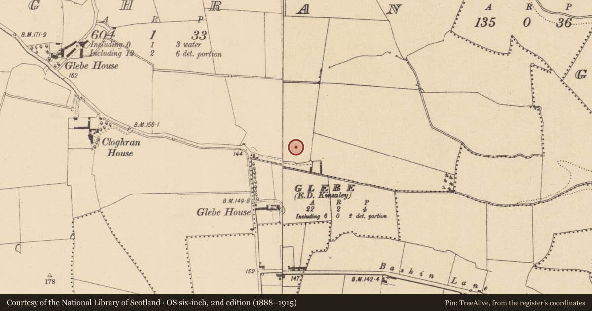 Ordnance Survey six-inch map, 2nd edition (1888–1915) covering the location of Mound, Cloghran, County Dublin, with a pin at the register's coordinates