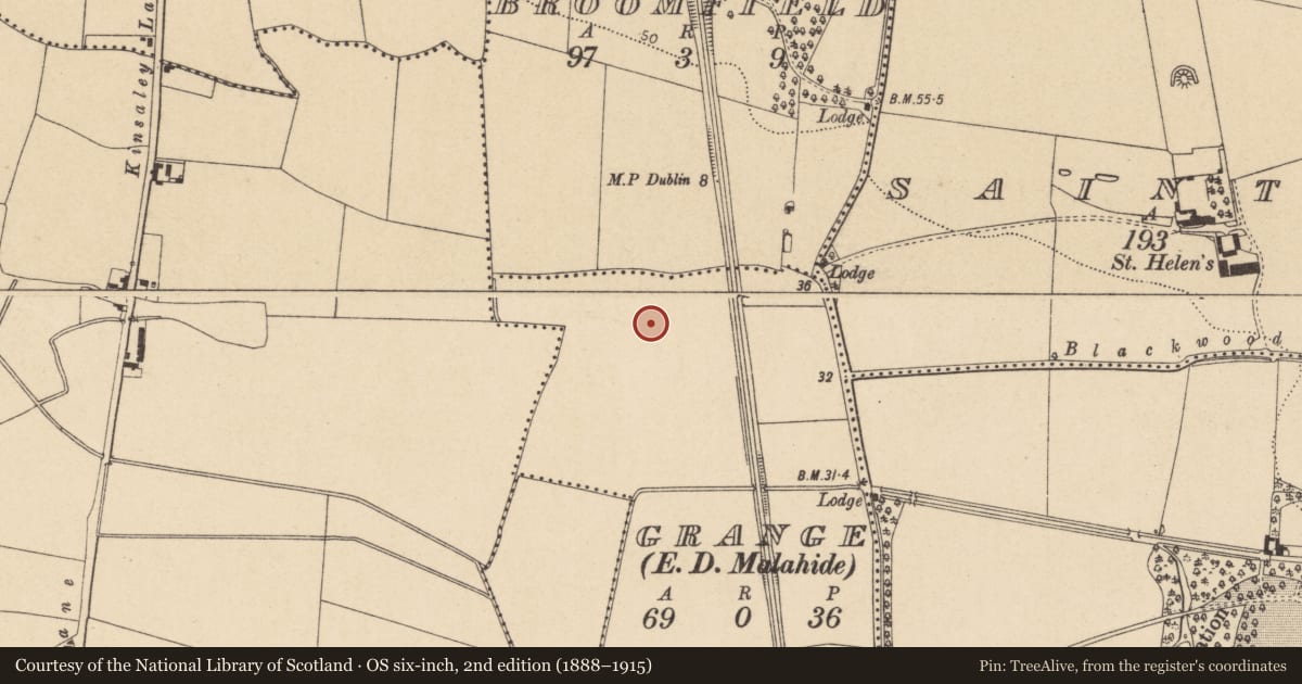 Ordnance Survey six-inch map, 2nd edition (1888–1915) covering the location of Ringfort - unclassified, Grange, County Dublin, with a pin at the register's coordinates