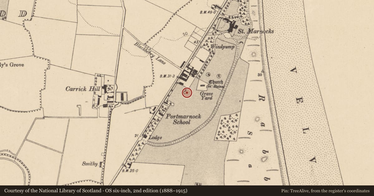 Ordnance Survey six-inch map, 2nd edition (1888–1915) covering the location of Ogham stone, Burrow, County Dublin, with a pin at the register's coordinates