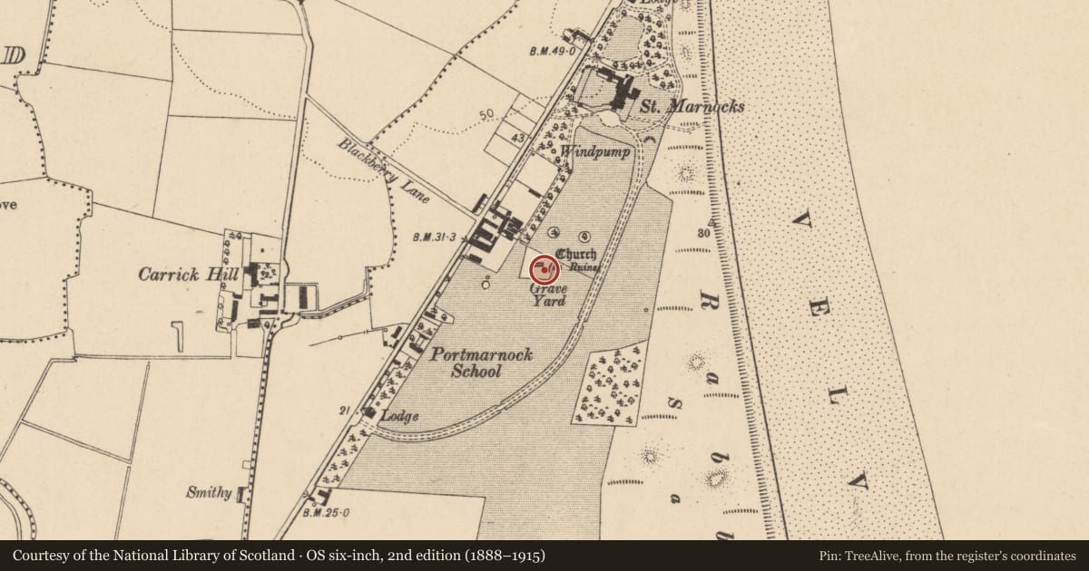 Ordnance Survey six-inch map, 2nd edition (1888–1915) covering the location of Graveyard, Burrow, County Dublin, with a pin at the register's coordinates