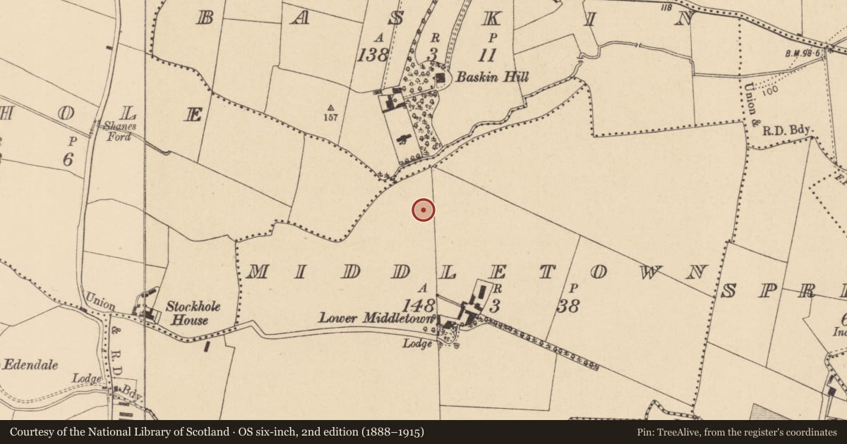 Ordnance Survey six-inch map, 2nd edition (1888–1915) covering the location of Enclosure, Middletown, County Dublin, with a pin at the register's coordinates