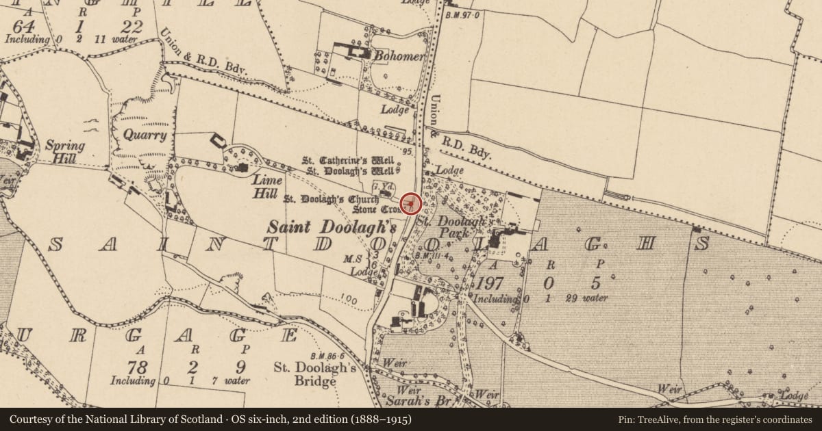 Ordnance Survey six-inch map, 2nd edition (1888–1915) covering the location of Cross, Saintdoolaghs, County Dublin, with a pin at the register's coordinates
