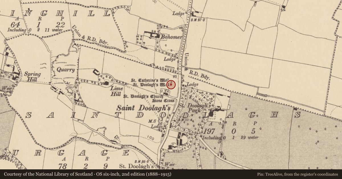 Ordnance Survey six-inch map, 2nd edition (1888–1915) covering the location of Ritual site - holy well, Saintdoolaghs, County Dublin, with a pin at the register's coordinates