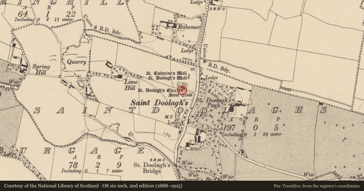 Ordnance Survey six-inch map, 2nd edition (1888–1915) covering the location of Ecclesiastical enclosure, Saintdoolaghs, County Dublin, with a pin at the register's coordinates