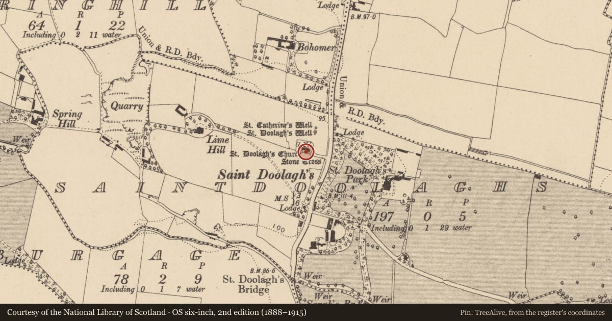 Ordnance Survey six-inch map, 2nd edition (1888–1915) covering the location of Architectural fragment, Saintdoolaghs, County Dublin, with a pin at the register's coordinates