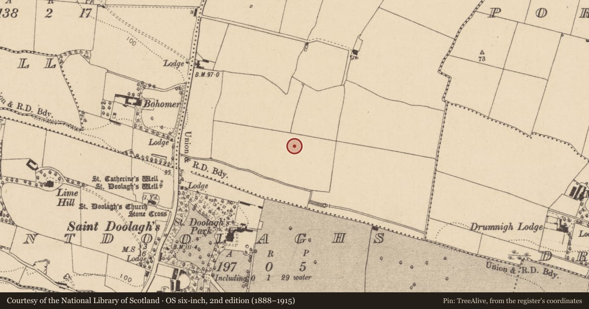 Ordnance Survey six-inch map, 2nd edition (1888–1915) covering the location of Enclosure, Kinsaley, County Dublin, with a pin at the register's coordinates