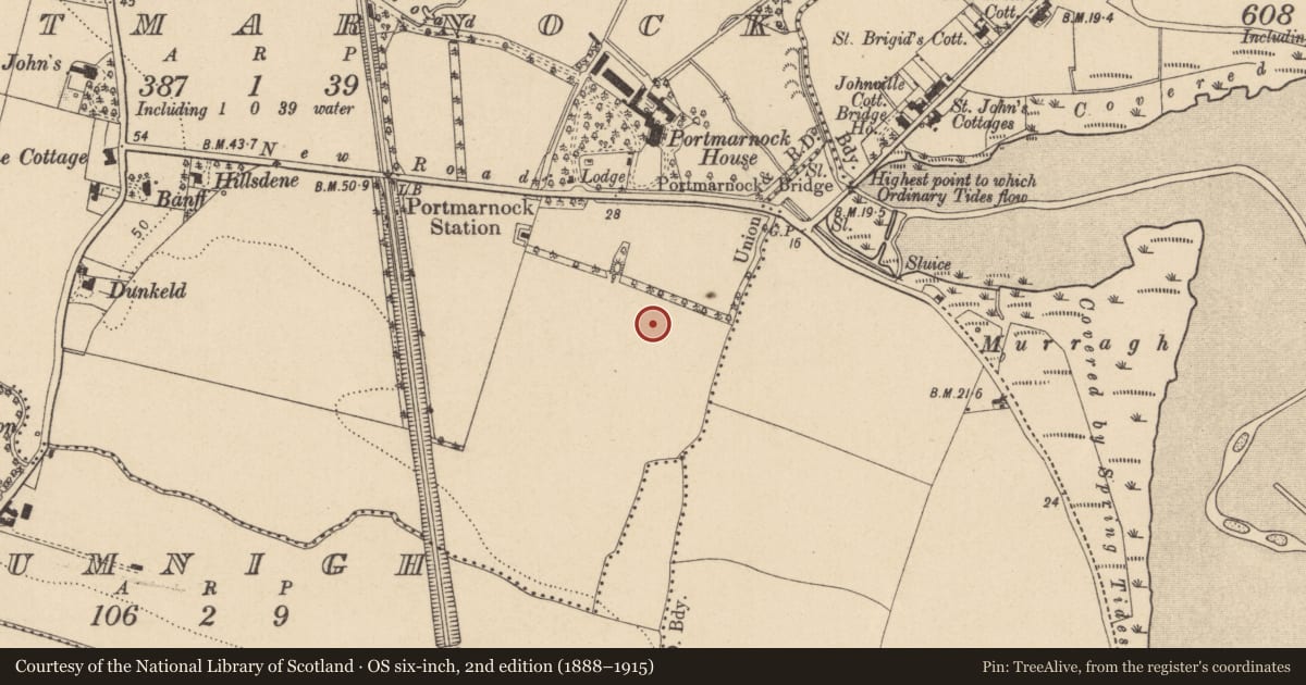 Ordnance Survey six-inch map, 2nd edition (1888–1915) covering the location of Kiln - corn-drying, Portmarnock, County Dublin, with a pin at the register's coordinates