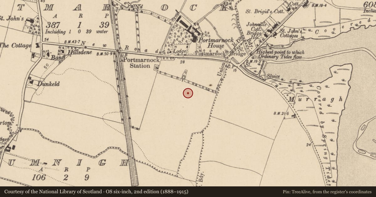 Ordnance Survey six-inch map, 2nd edition (1888–1915) covering the location of Burial, Portmarnock, County Dublin, with a pin at the register's coordinates