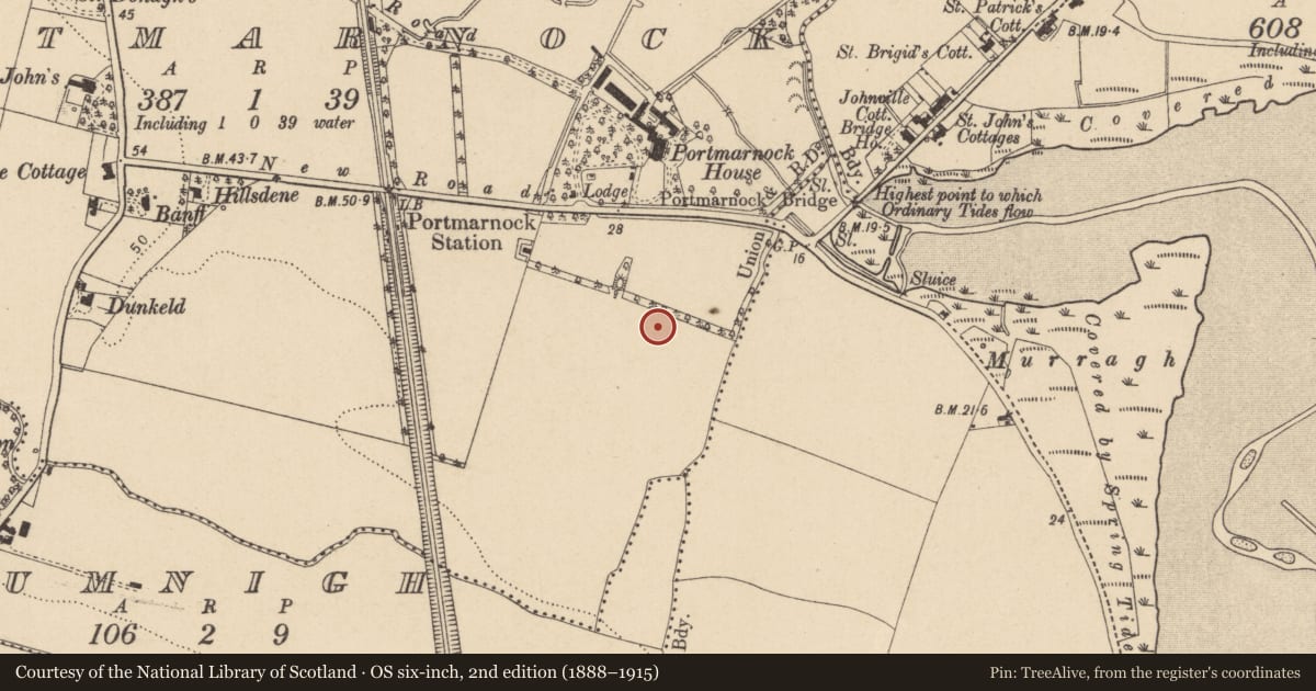 Ordnance Survey six-inch map, 2nd edition (1888–1915) covering the location of Kiln - corn-drying, Portmarnock, County Dublin, with a pin at the register's coordinates