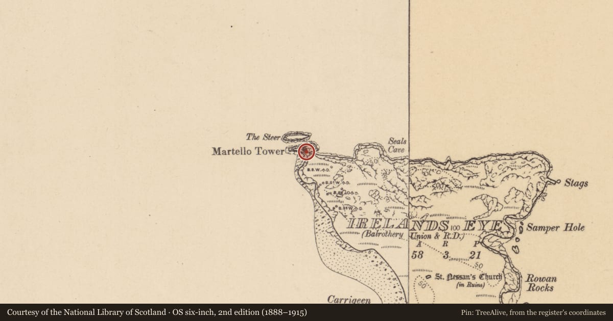 Ordnance Survey six-inch map, 2nd edition (1888–1915) covering the location of Martello tower, Irelands Eye, County Dublin, with a pin at the register's coordinates