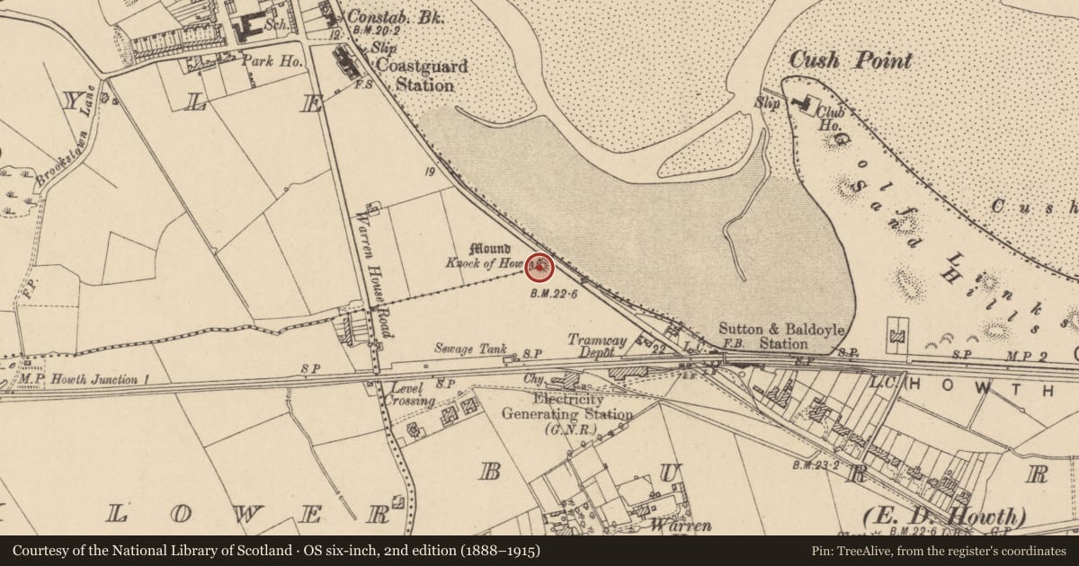 Ordnance Survey six-inch map, 2nd edition (1888–1915) covering the location of Burial mound, Burrow, County Dublin, with a pin at the register's coordinates