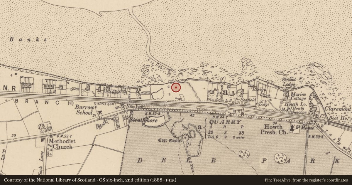 Ordnance Survey six-inch map, 2nd edition (1888–1915) covering the location of Mound, Howth Demesne, County Dublin, with a pin at the register's coordinates