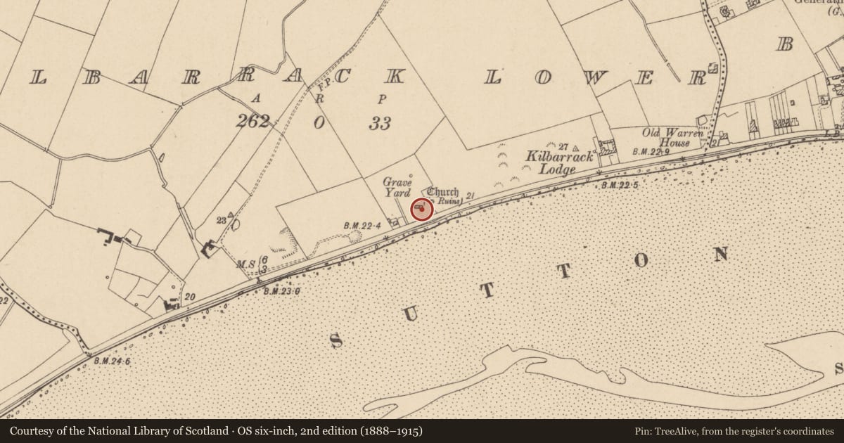 Ordnance Survey six-inch map, 2nd edition (1888–1915) covering the location of Church, Kilbarrack Lower, County Dublin, with a pin at the register's coordinates