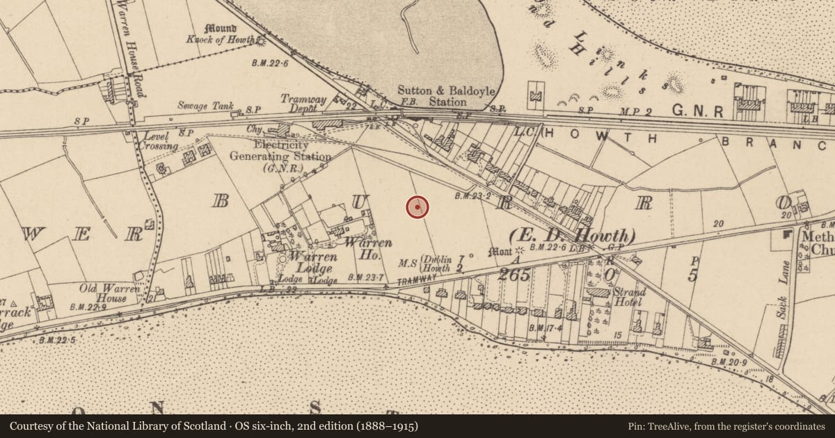 Ordnance Survey six-inch map, 2nd edition (1888–1915) covering the location of Burial ground, Burrow, County Dublin, with a pin at the register's coordinates