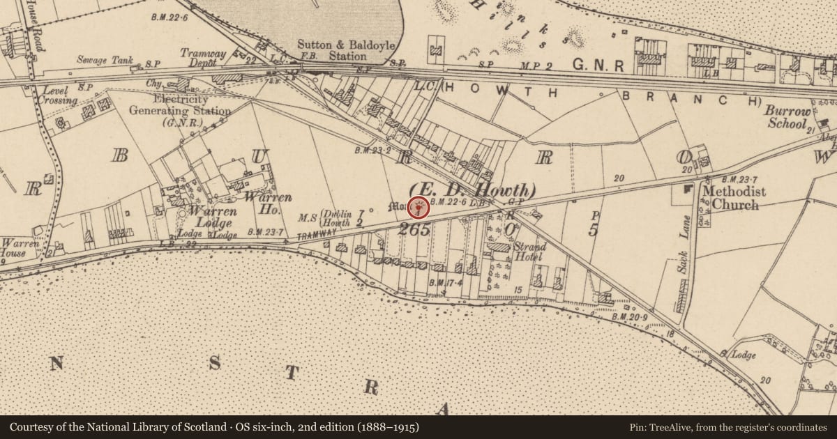 Ordnance Survey six-inch map, 2nd edition (1888–1915) covering the location of Burial mound, Burrow, County Dublin, with a pin at the register's coordinates