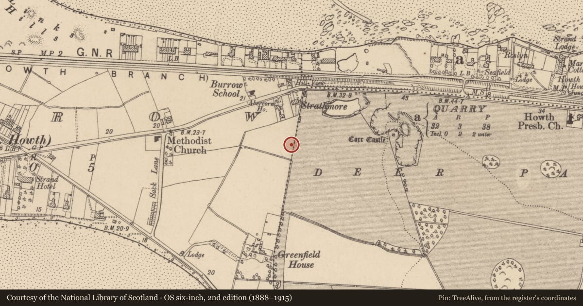 Ordnance Survey six-inch map, 2nd edition (1888–1915) covering the location of Midden, Burrow, Howth Demesne, County Dublin, with a pin at the register's coordinates