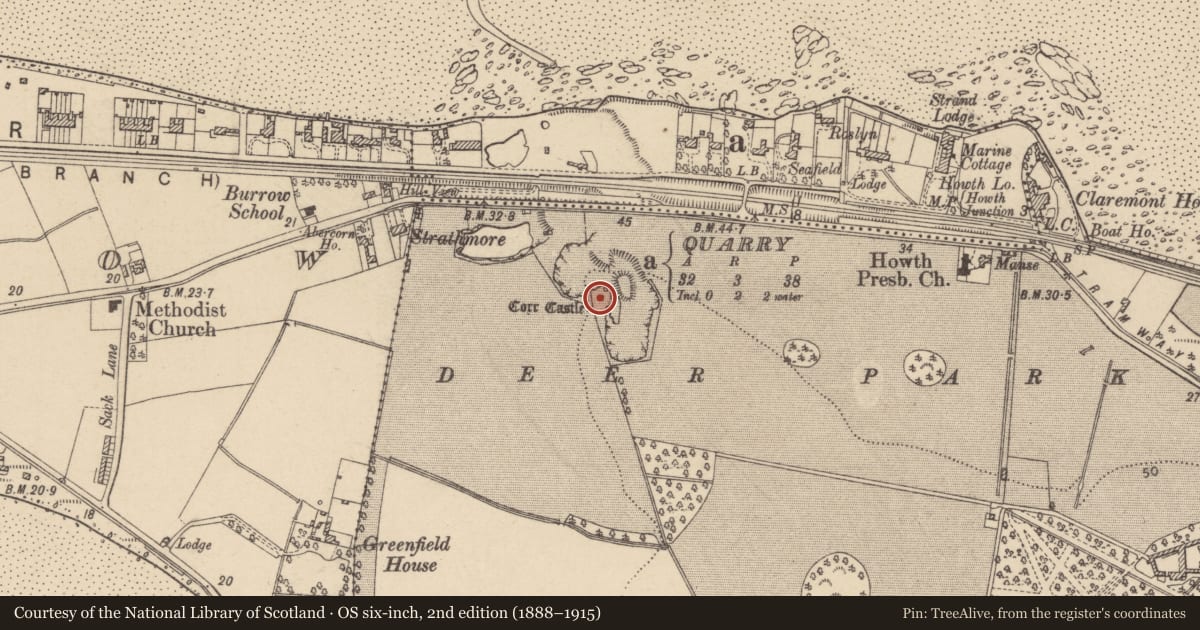 Ordnance Survey six-inch map, 2nd edition (1888–1915) covering the location of Castle - tower house, Howth Demesne, County Dublin, with a pin at the register's coordinates