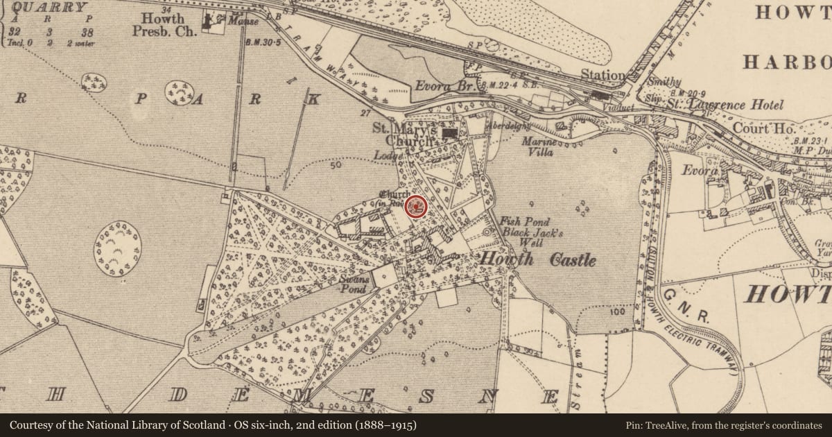 Ordnance Survey six-inch map, 2nd edition (1888–1915) covering the location of Chapel, Howth Demesne, County Dublin, with a pin at the register's coordinates