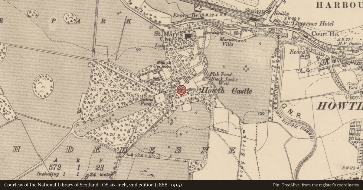 Ordnance Survey six-inch map, 2nd edition (1888–1915) covering the location of Castle - tower house, Howth Demesne, County Dublin, with a pin at the register's coordinates