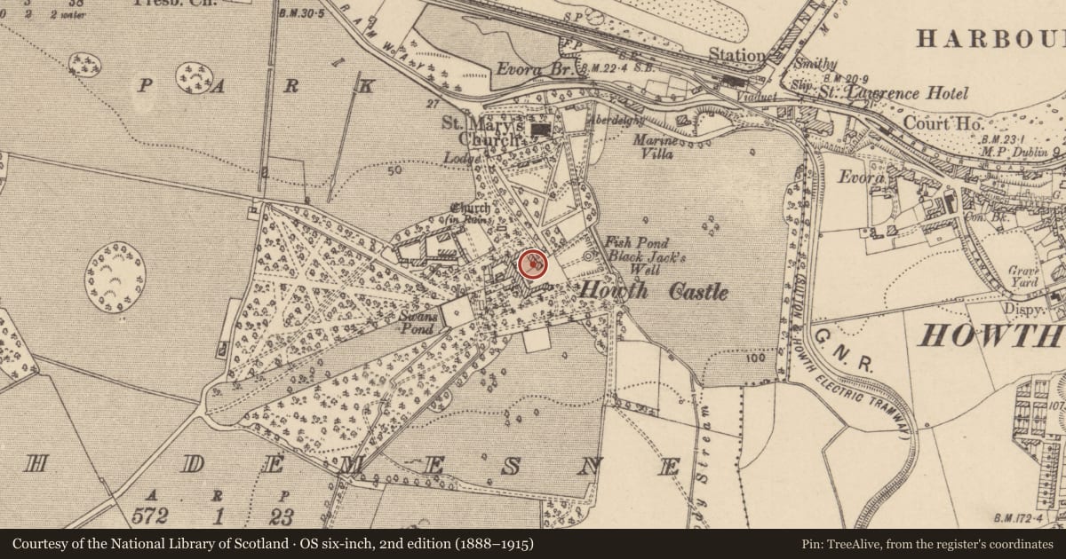 Ordnance Survey six-inch map, 2nd edition (1888–1915) covering the location of Gatehouse, Howth Demesne, County Dublin, with a pin at the register's coordinates