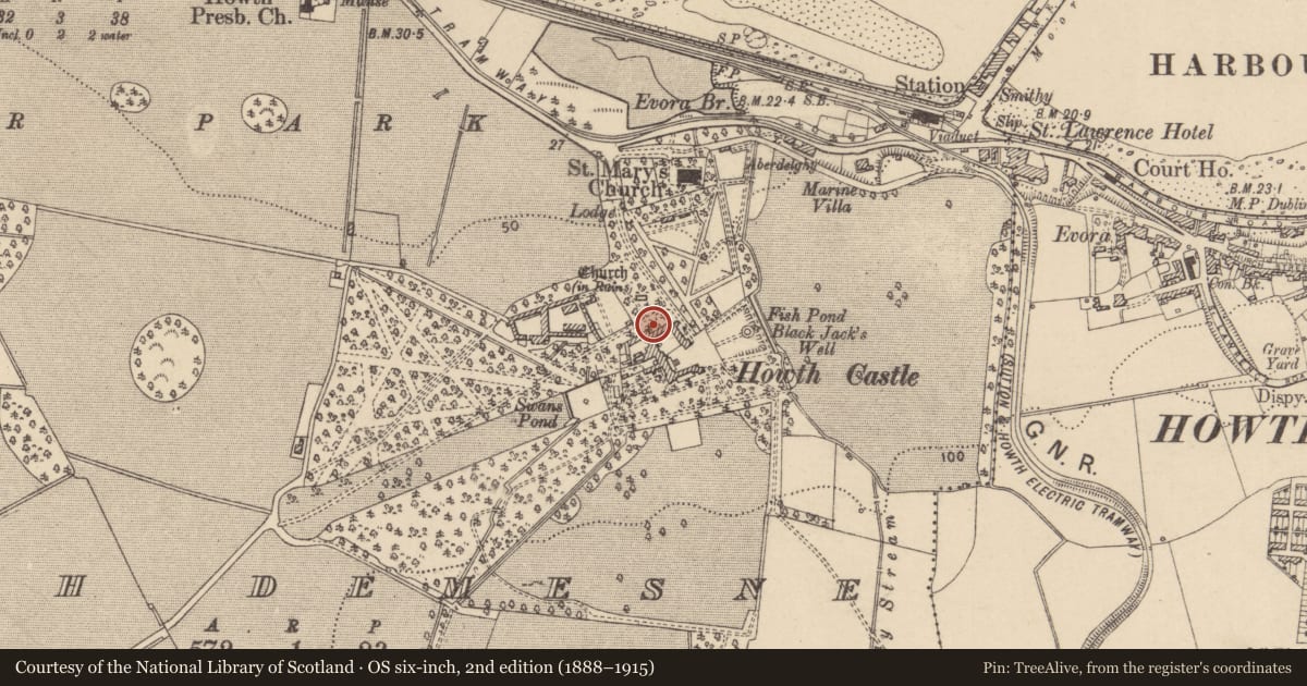 Ordnance Survey six-inch map, 2nd edition (1888–1915) covering the location of Armorial plaque (present location), Howth Demesne, County Dublin, with a pin at the register's coordinates