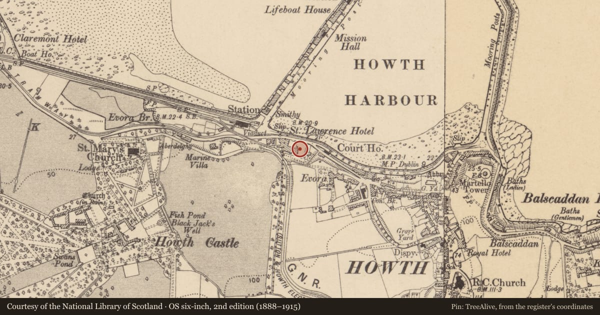 Ordnance Survey six-inch map, 2nd edition (1888–1915) covering the location of Cist, Howth, County Dublin, with a pin at the register's coordinates