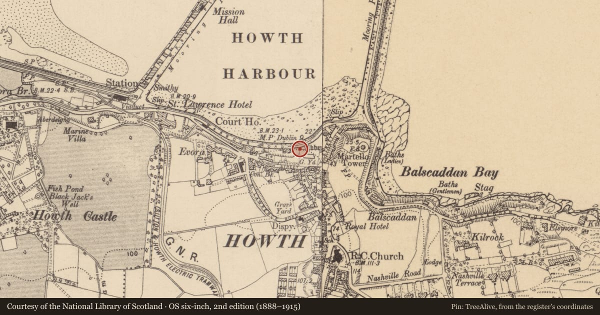 Ordnance Survey six-inch map, 2nd edition (1888–1915) covering the location of Ritual site - holy well, Howth, County Dublin, with a pin at the register's coordinates