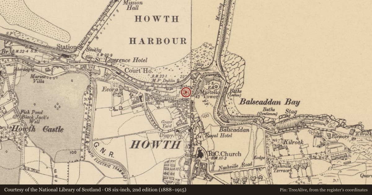 Ordnance Survey six-inch map, 2nd edition (1888–1915) covering the location of Tomb - effigial, Howth, County Dublin, with a pin at the register's coordinates