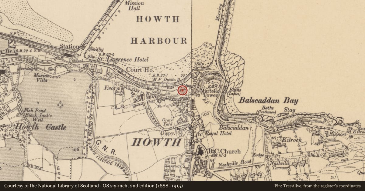 Ordnance Survey six-inch map, 2nd edition (1888–1915) covering the location of Graveslab, Howth, County Dublin, with a pin at the register's coordinates