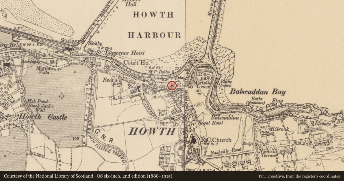 Ordnance Survey six-inch map, 2nd edition (1888–1915) covering the location of Graveslab, Howth, County Dublin, with a pin at the register's coordinates