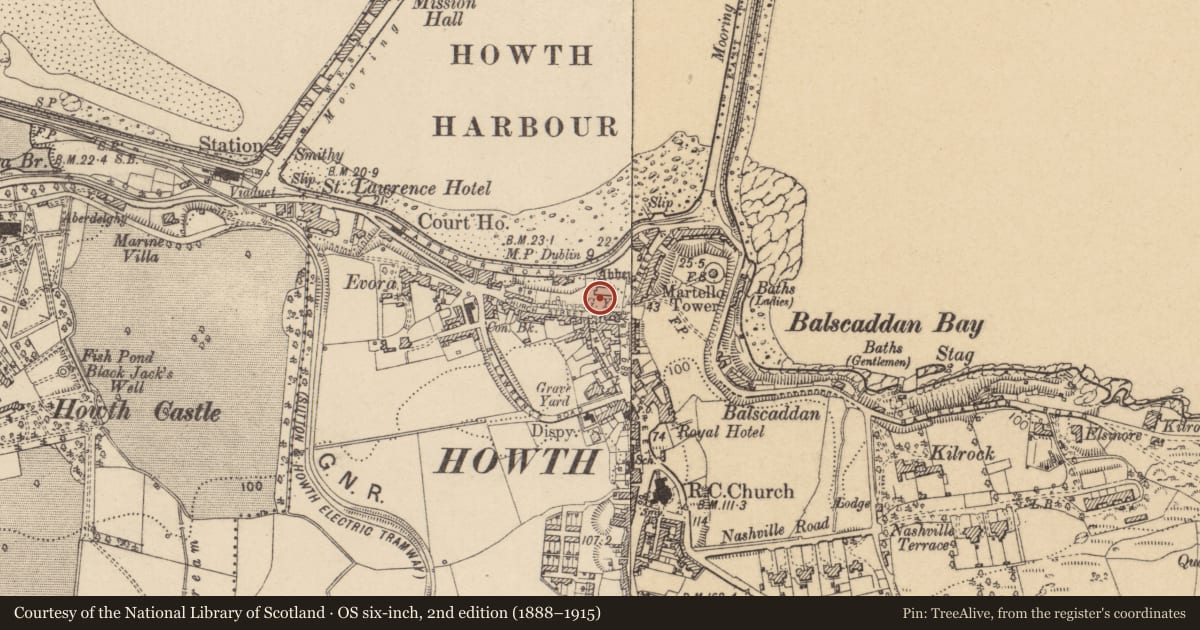 Ordnance Survey six-inch map, 2nd edition (1888–1915) covering the location of Graveyard, Howth, County Dublin, with a pin at the register's coordinates