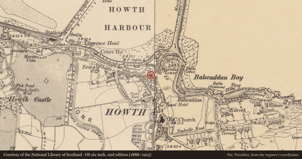 Ordnance Survey six-inch map, 2nd edition (1888–1915) covering the location of House - fortified house, Howth, County Dublin, with a pin at the register's coordinates