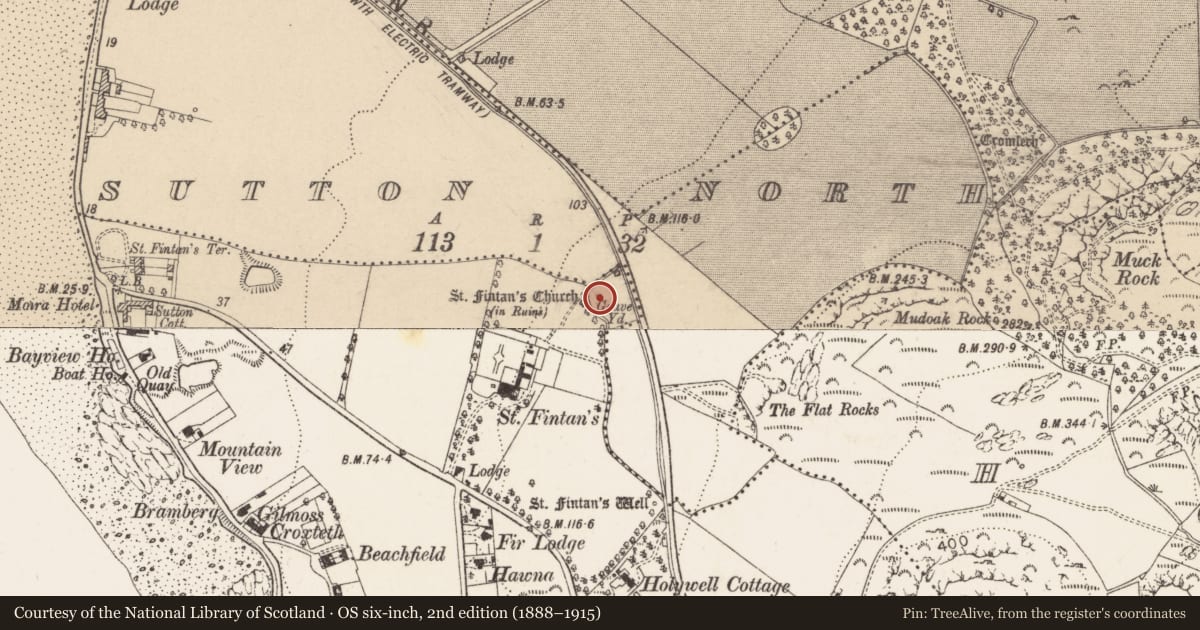 Ordnance Survey six-inch map, 2nd edition (1888–1915) covering the location of Church, Sutton South, County Dublin, with a pin at the register's coordinates