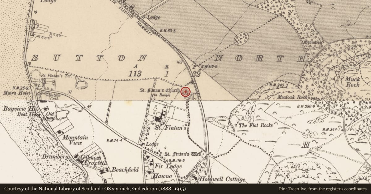Ordnance Survey six-inch map, 2nd edition (1888–1915) covering the location of Graveyard, Sutton South, County Dublin, with a pin at the register's coordinates