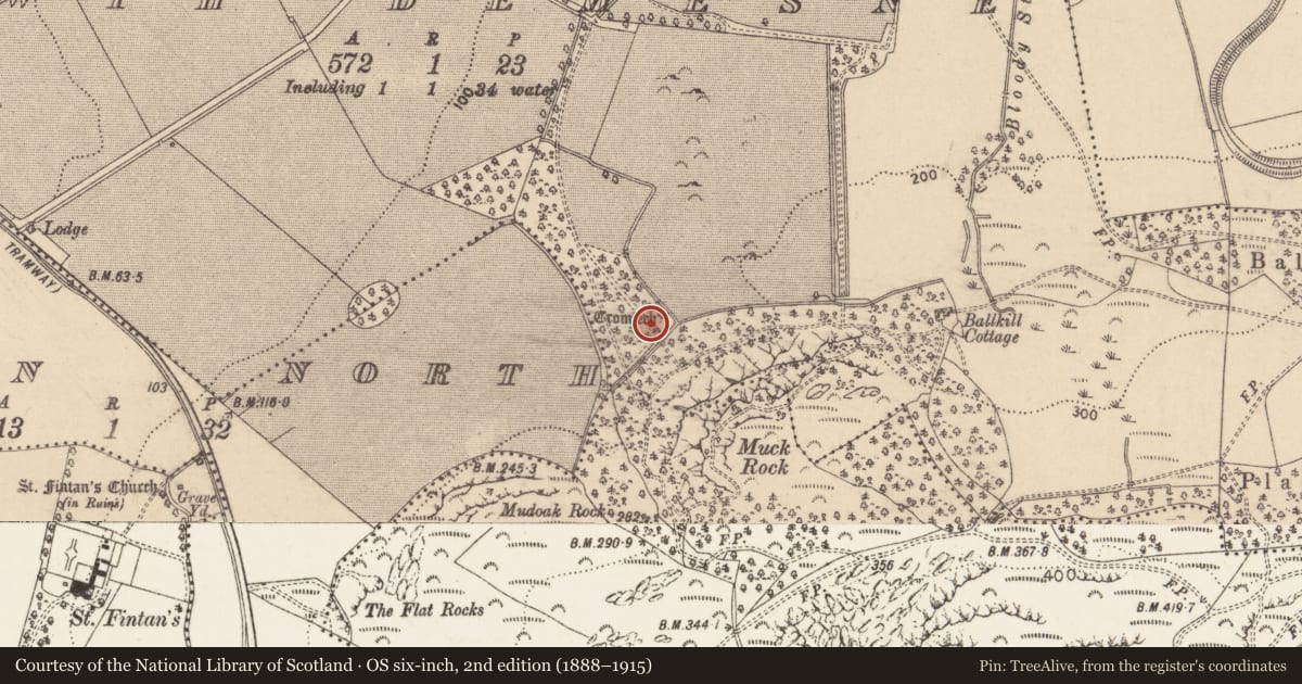 Ordnance Survey six-inch map, 2nd edition (1888–1915) covering the location of Megalithic tomb - portal tomb, Howth Demesne, County Dublin, with a pin at the register's coordinates